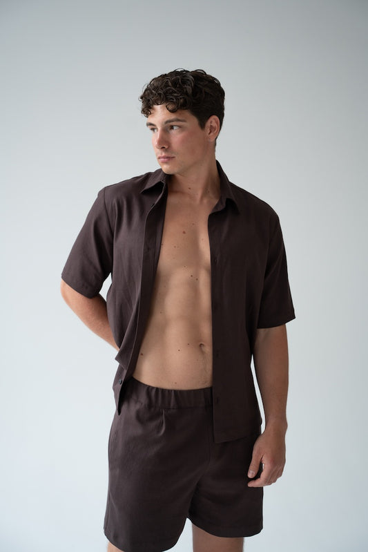 BRĄZOWA KOSZULA MĘSKA Z KRÓTKIM RĘKAWEM | RYDELiNE MEN